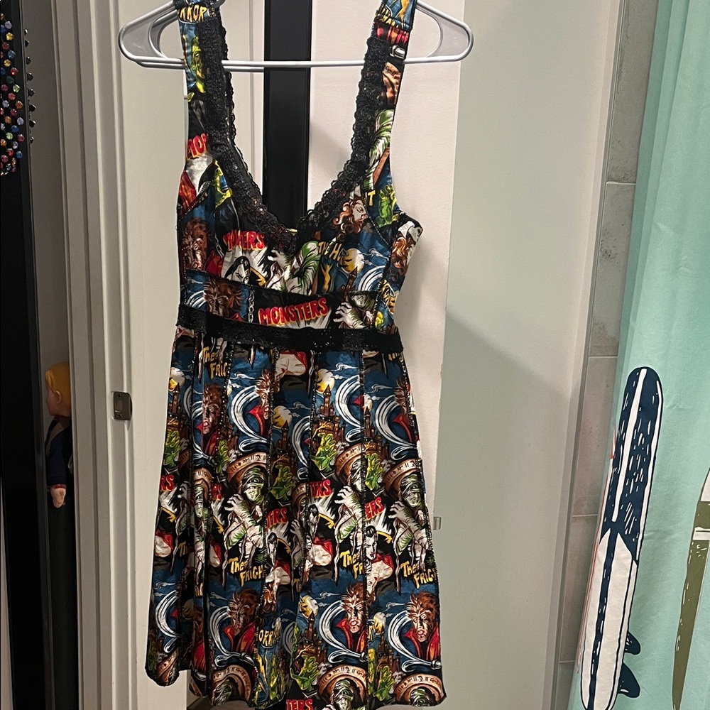 Vibrant Graphic Print Dress with Black Lace